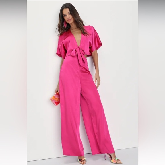 Lulu’s Flirt For Fun Fuchsia Tie-Front Two-Piece Wide-Leg Jumpsuit Sz: S - Picture 4 of 12